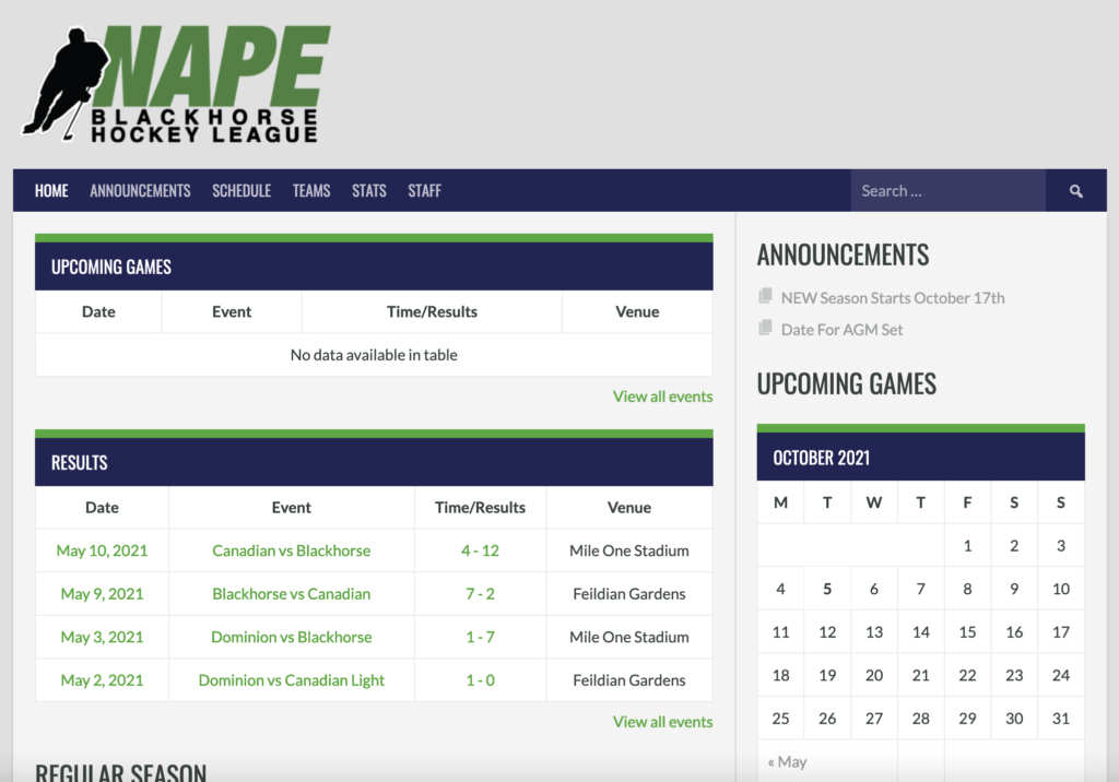 NAPE Blackhorse Hockey League Website